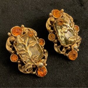 Stunning VTG Amber & Champagne Crystal Vintage Clip Earrings Gold Tone